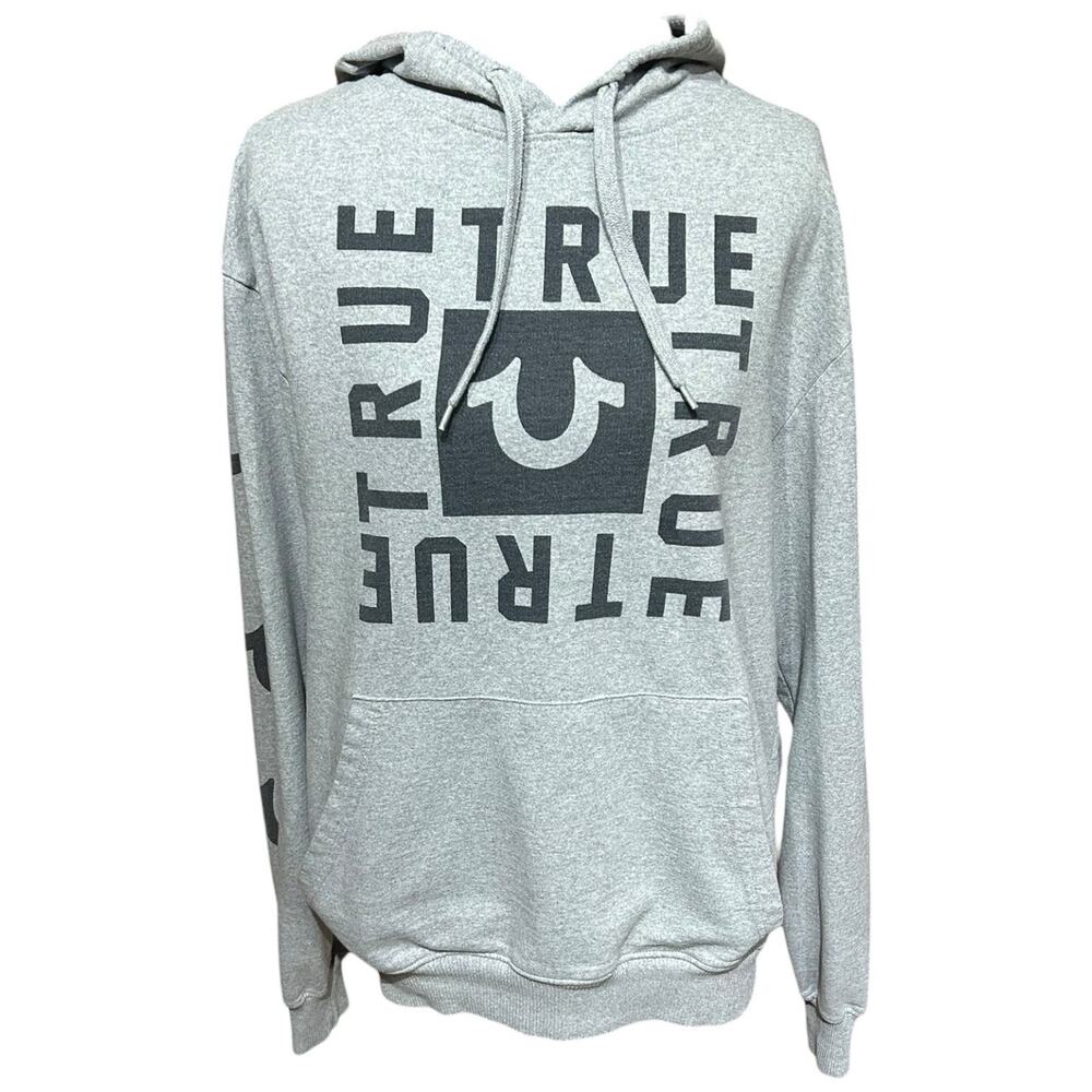 True Religion Men’s L Grey Hoodie Hooded Gym Sweatshirt Big LOGO Buddha Spellout